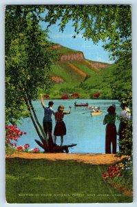 Ogden Utah UT Postcard Boating In Cache National Forest Scene c1940's Vintage