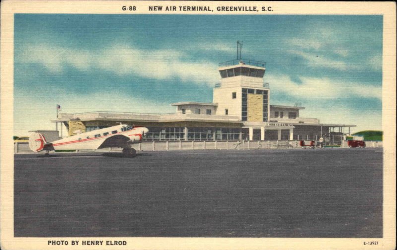 Greenville South Carolina SC Airport Air Terminal Airplane Linen Postcard