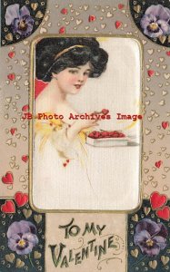 Valentine Day, Winsch, Schmucker, Silk Inset, Woman Picks Small Hearts from Box