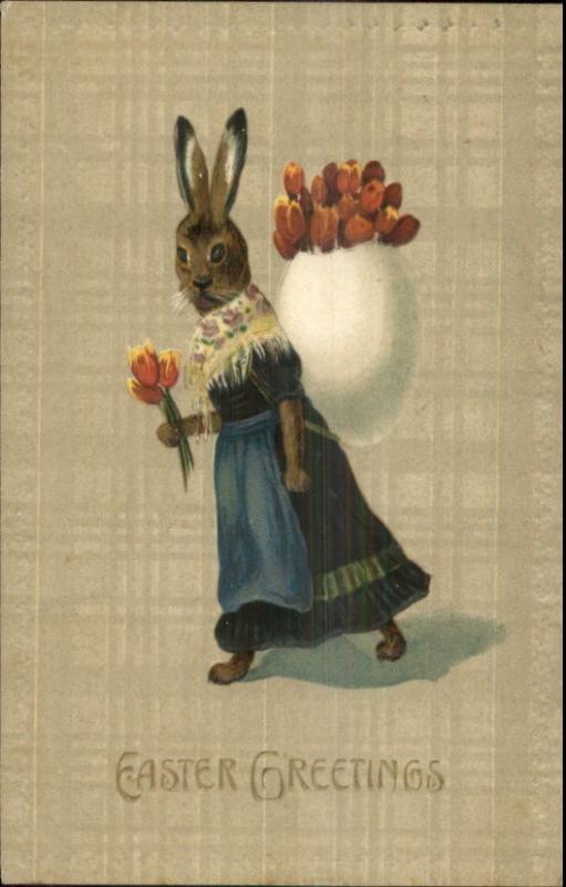 Easter Fantasy - Dressed in Clothes Carrying Egg Backpack w/ Flowers Postcard