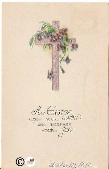 Purple Cross Decorated with Palm Fronds and Purple Violets Vintage Postcard