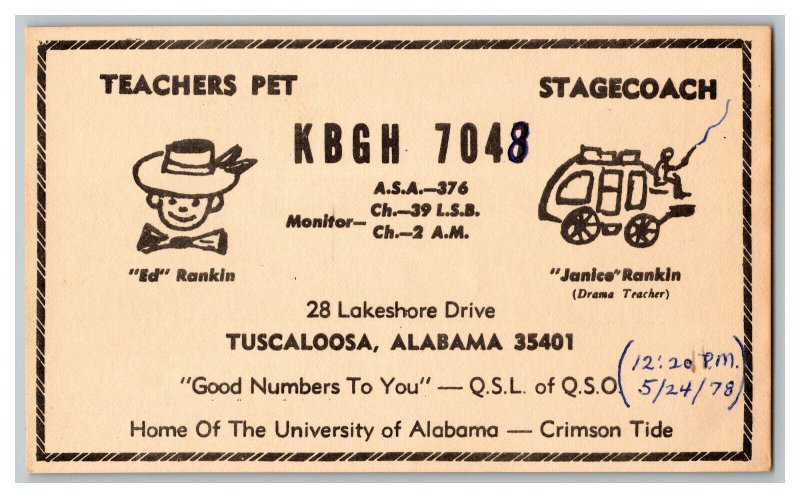 Postcard QSL Radio Card From Tuscaloosa, Alabama KBGH 7048