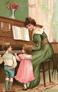 Vintage Postcard 1910's The Duet Mother Playing Piano and Her Children Singing