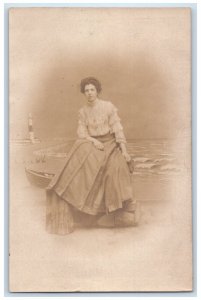 c1905 Studio Portrait Woman Boardwalk Atlantic City NJ RPPC Photo Postcard