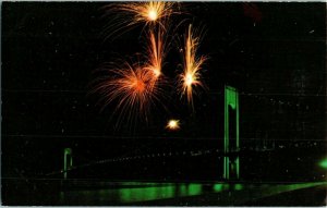 Aerial View Postcard Fireworks over the Verrazano Narrows Bridge Brooklyn NY