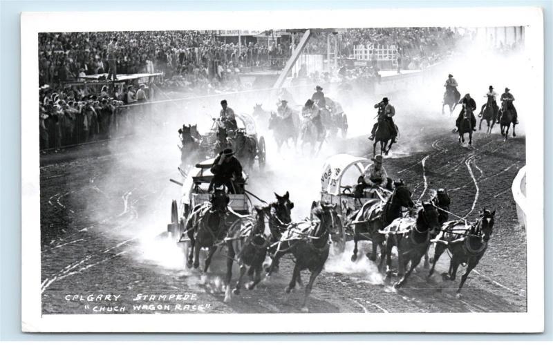 1950s Calgary Stampede Chuck Wagon Horse Race Canada Real Photo Postcard C20