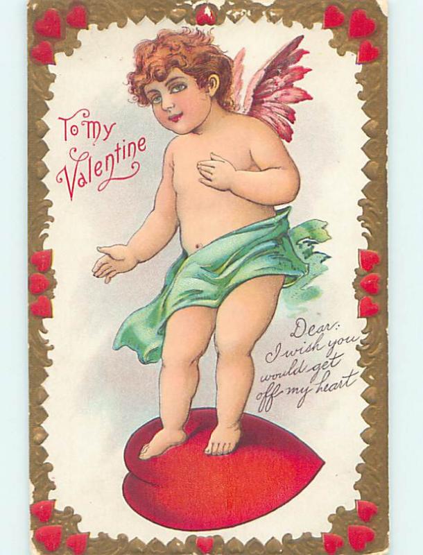 Pre-Linen valentine message GET OFF MY HEART - CUPID STANDING ON HEART HJ2595