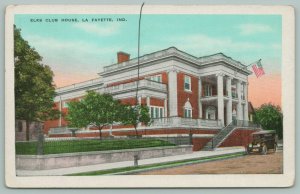 La Fayette Indiana~Elks Club House~20s Car~Flag~Fountain~2-Story Columns~c1920