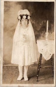 Akron Ohio Holy Communion Girl Beautiful Dress Amazing Veil Bible Postcard Z30