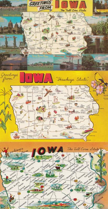 Iowa Greetings From 3x Map Postcard s