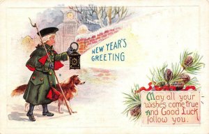 Holiday  NEW YEARS GREETINGS  Man In Colonial Dress~Dog~Lantern c1910's Postcard