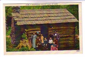 Mountaineer and His Large Hillbilly Family, Log Cabin, Asheville Post Card