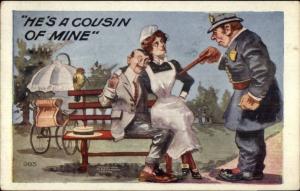 Police Cop Questions Maid on Man's Lap in Park c1910 Postcard