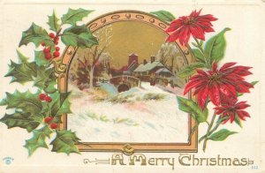 1912 Christmas Postcard Poinsettias w/ Snowy Scene, Embossed, Sta. M (A?) Boston