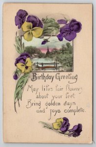 Birthday Greetings Purple Yellow Pansies 1916 to Batavia IL Postcard T25