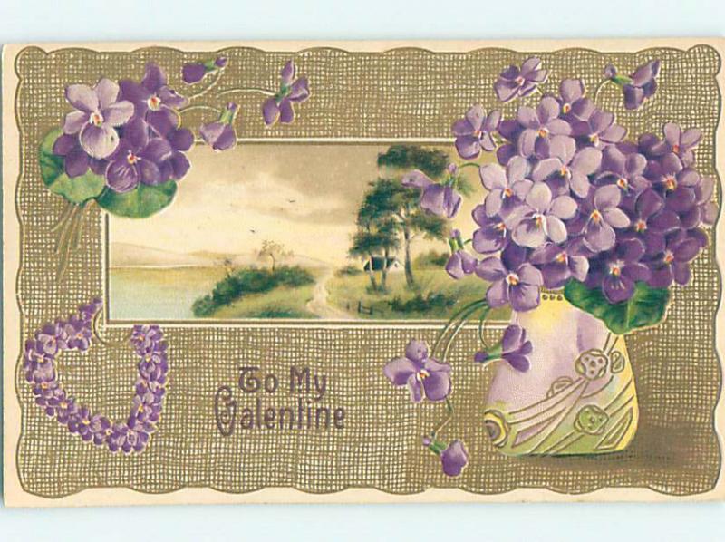 Pre-Linen valentine COUNTRY SCENE WITH BAG OF VIOLET FLOWERS HJ2245