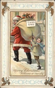 CHRISTMAS Little Boy Santa Claus Sack of Toys EMB DECORATIVE BORDER Postcard