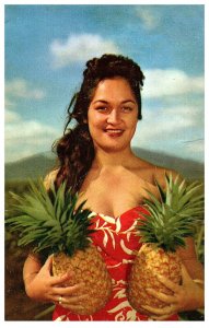 Hawaiian Woman Beauty Holding Luscious Pineapples Hawaii Postcard