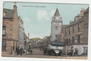 P2491, old postcard car people high street scene south queensferry unused