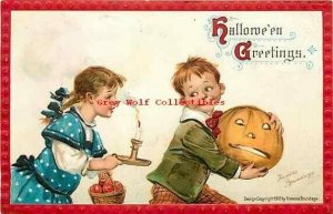 Halloween,Little Girl with Candle & Apples, Boy with JOL, Francis Brundage No120