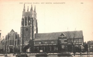 West Newton MA-Massachusetts, First Unitarian Church Religious Vintage Postcard