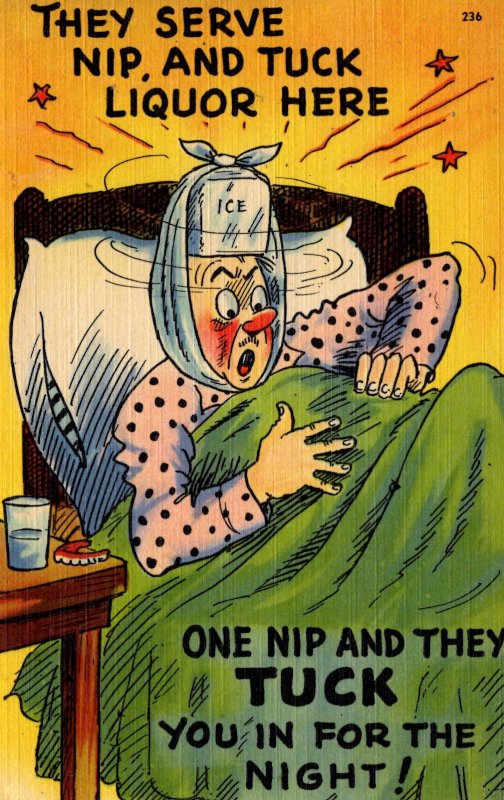 Nip and Tuck and in for the Night - Drunk Man nursing Hangover - in the 1940s