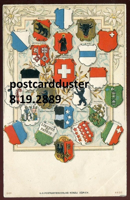 2889 - SWITZERLAND PATRIOTIC Postcard 1900s Embossed Canton Crests