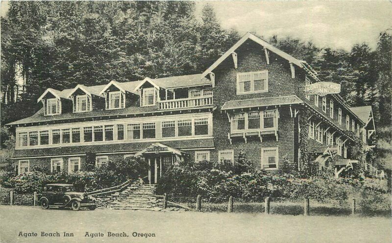 Agate Beach Oregon autos Beach Inn Albertype C-1920s Postcard 21-7369