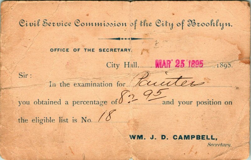 Vtg Postal Card 1895 Civil Service Commission Brooklyn NY - Painters Test Score