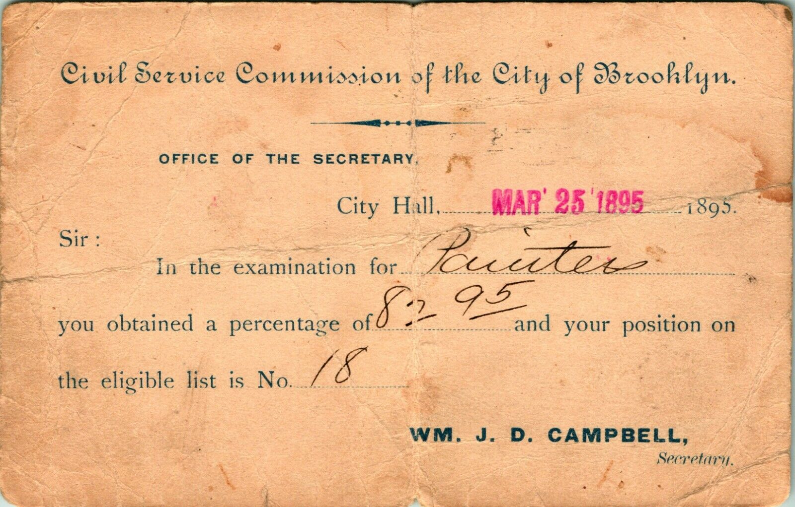 Vtg Postal Card 1895 Civil Service Commission Brooklyn NY Painters