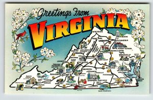 Postcard Greetings From Virginia Map Chrome State Flower Dogwood Cardinal Bird