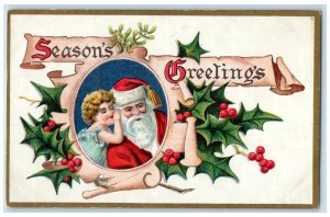 1909 Christmas Season's Greetings Santa Claus Kid Berries Spokane WA Postcard