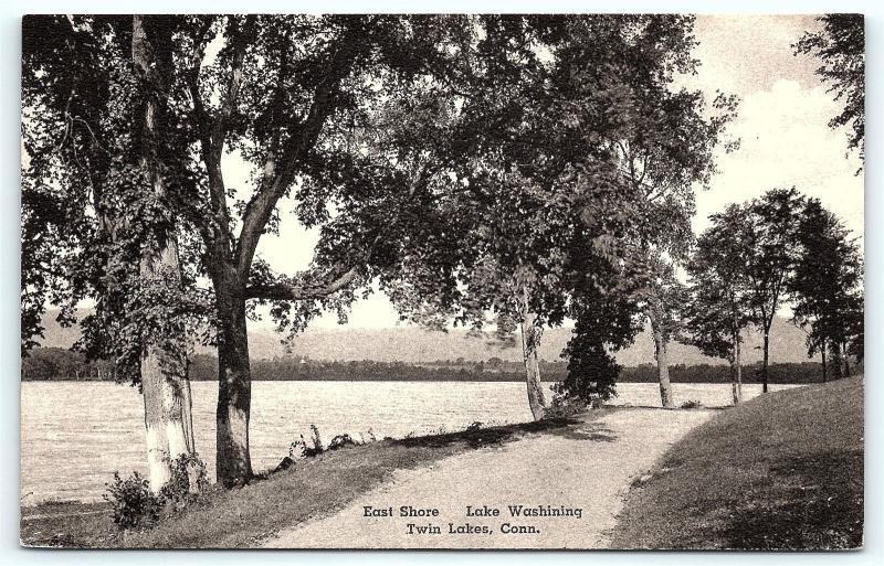 Postcard CT Twin Lakes East Shore Lake Washining Pub Service Pharmacy Canaan D16