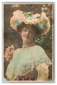 Vintage 1910's Colorized RPPC Postcard - German Woman Large Hat Pearls