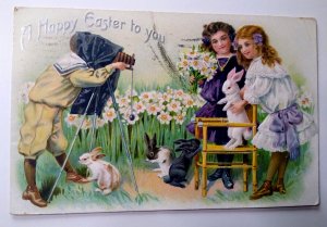 Easter Postcard Bunny Rabbits Photographer Camera Children 1909 Tuck Series 700