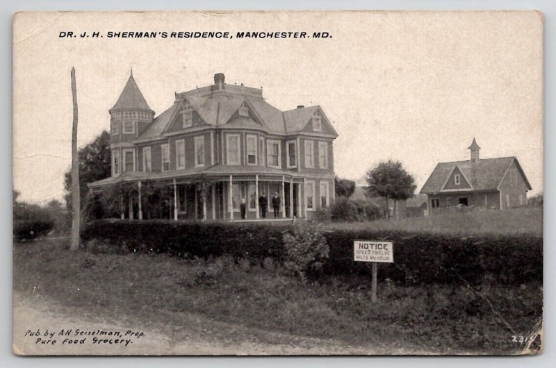 Manchester MD Dr. J.H. Sherman's Residence Doctor On Porch c1910 Postcard W22