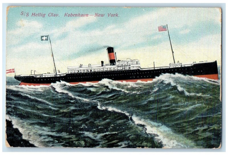c1910 S/S Hellig Olav. Copenhagen-New York Denmark Posted Antique Postcard