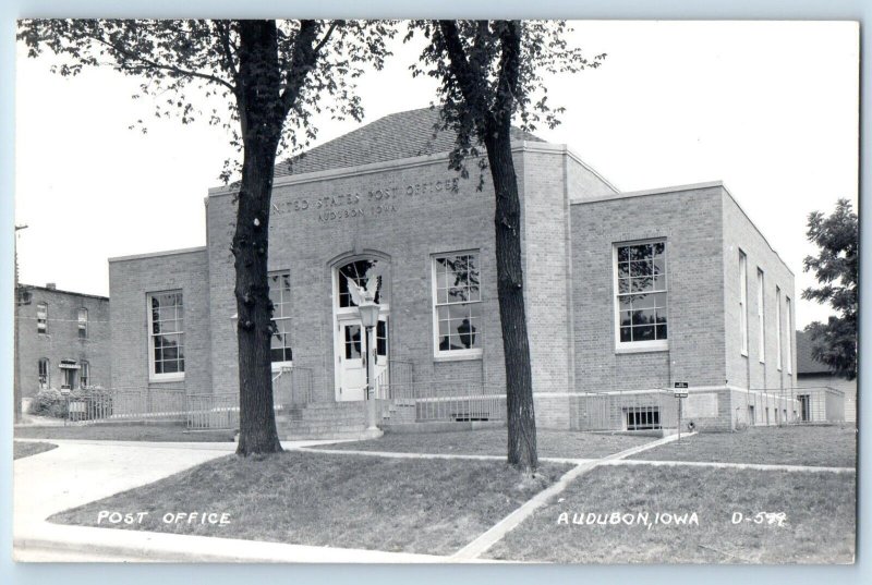 Audubon Iowa IA Postcard RPPC Photo Post Office Building c1940's Vintage