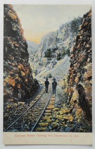 Deadwood South Dakota Railroad Scene Men walking on Rails Postcard S19