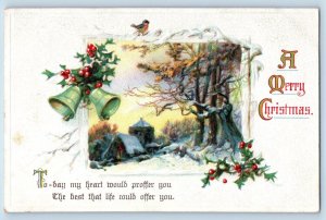 Christmas Postcard Ringing Bells Holly Berries Winter Scene Embossed c1910's