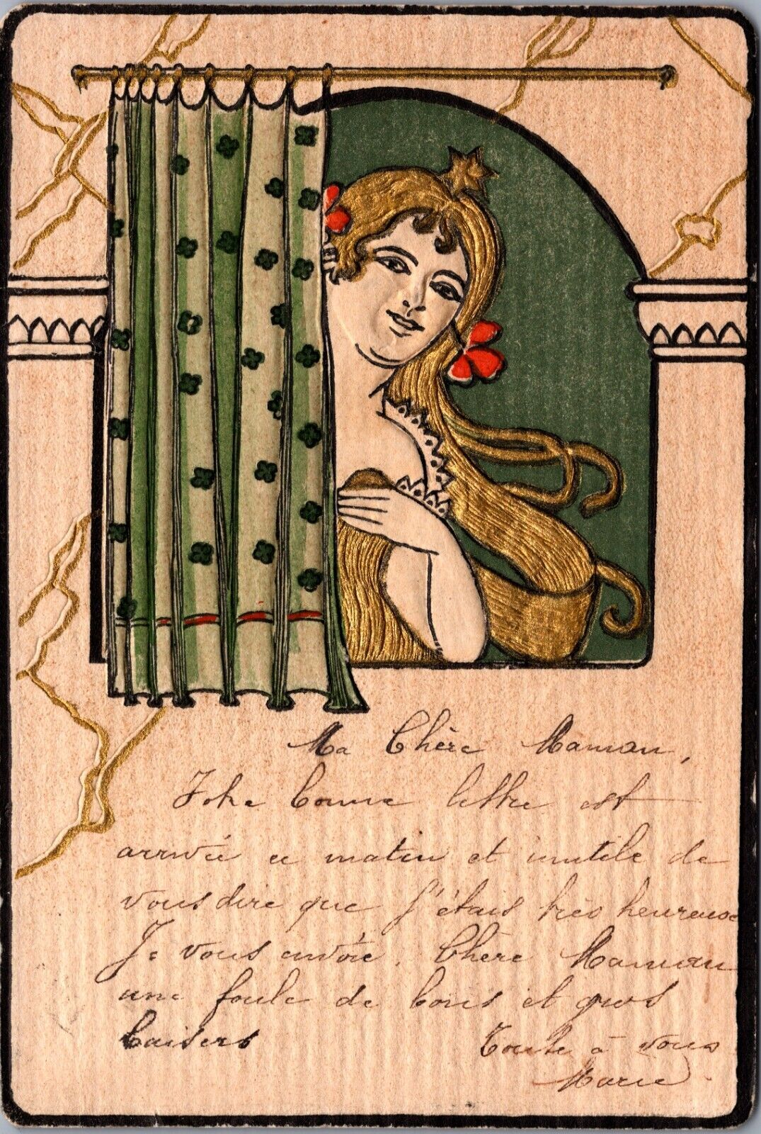 GREAT Antique Old ART NOUVEAU EMBOSSED POSTCARD / ADELAIDE LADY w