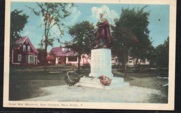 Colour Linen era PC Great War Memorial New Glasgow, N.S  used 1950