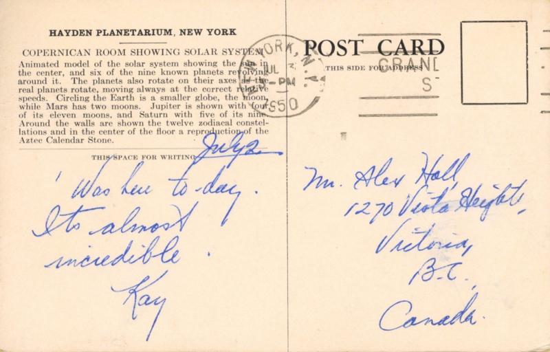 Hayden Planetarium ~ New York NY ~ Copernican Room Solar System c1950 Postcard