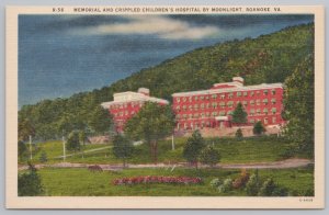 Linen~Roanoke Virginia~Memorial & Crippled Children Hospital @ Night~Postcard