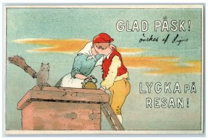 Easter Postcard Couple Romance Kissing On Chimney Cat Sweden 1908 Posted Antique