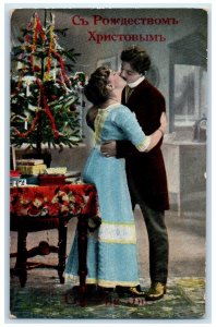 c1910's Christmas Tree Sweet Couple Kissing Romance Russia Antique Postcard