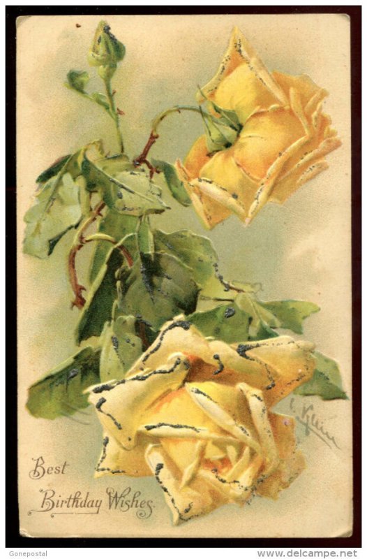 h798 - Artist CATHARINA KLEIN 1910s Birthday Yellow Roses, Gliter. Embossed