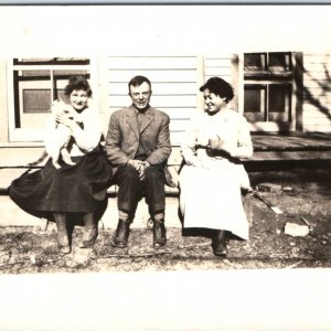 c1910s Outdoor Fun Woman w/ Cat RPPC Laughing Cute Lady Man Real Photo Vtg A134