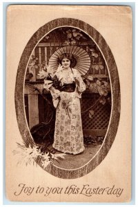 c1910's Easter Woman Umbrella Holding Flowers Unposted Antique Postcard