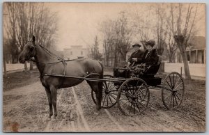 Horse & Buggy Couple Blanket Sulky c1910 RPPC Real Photo Postcard Street Scene